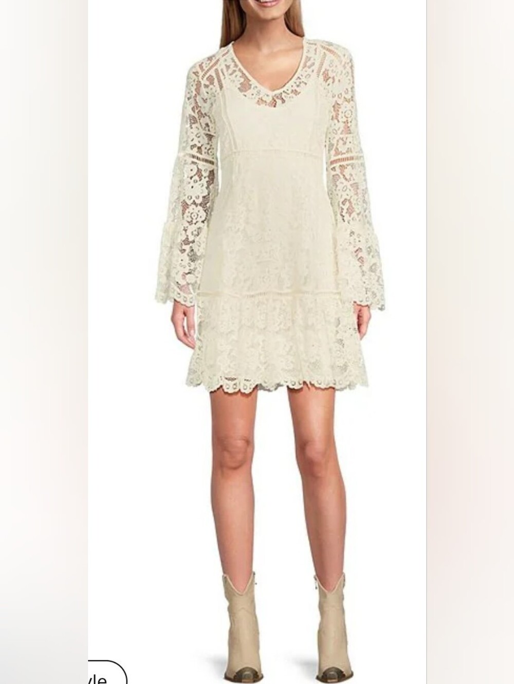 Scully Ivory Lace V‑Neck Bell‑Sleeve Mini Dress,L